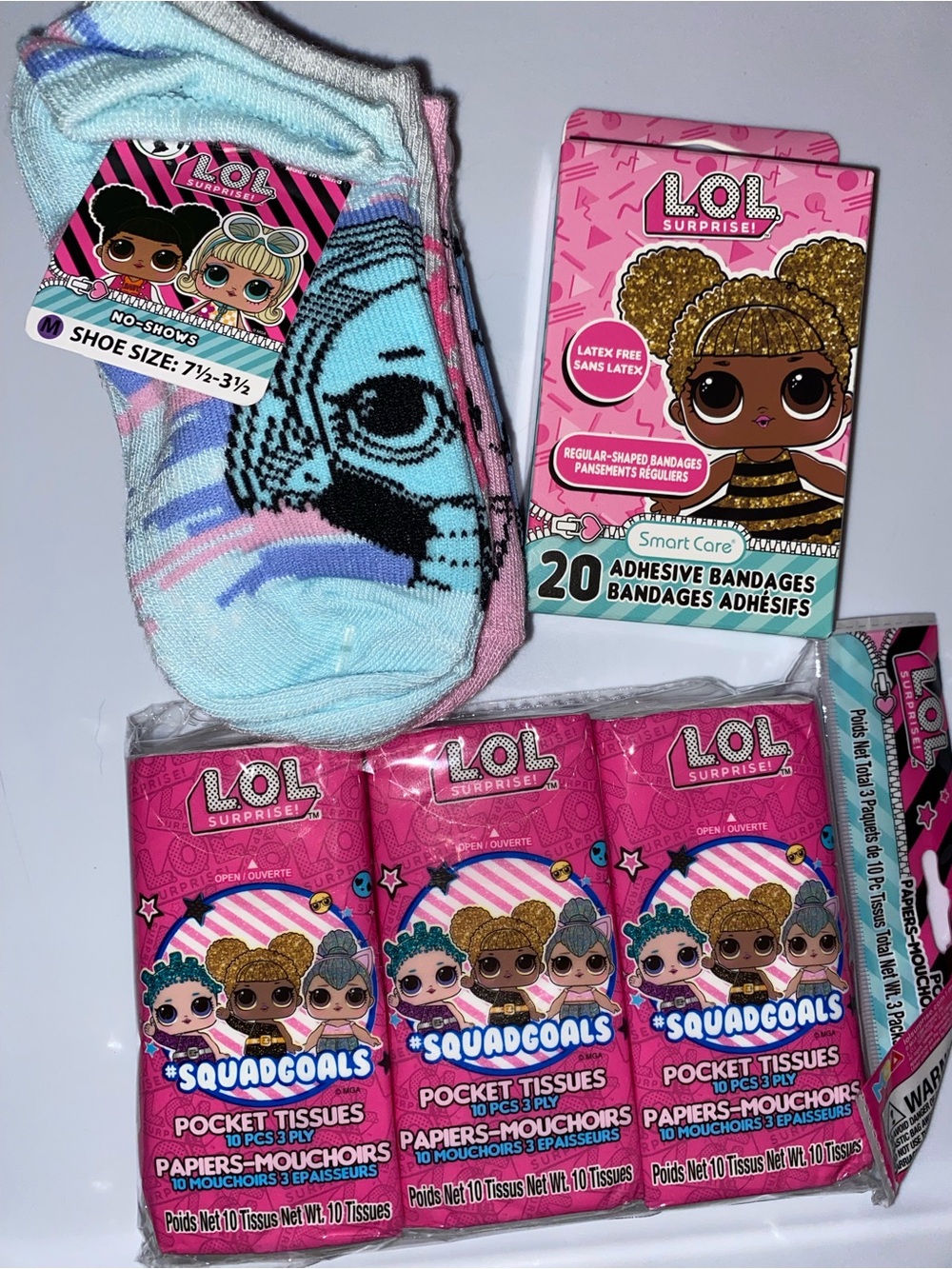 LOL Surprise Lot: 5-Pairs No-Show Socks, 20 ct Bandaid, 3-Pack Of pocket tissues